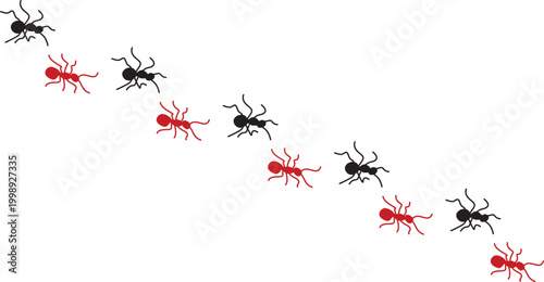 Marching ants trail forming a diagonal line across a clean background. Minimal insect pattern with red and black ants in simple flat style. Abstract nature concept for teamwork, movement, and path 