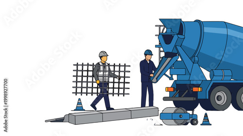 Illustration of construction workers using a concrete mixer truck.