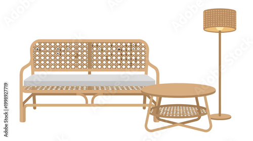 Modern Wicker Furniture Set with Sofa Coffee Table and Floor Lamp.