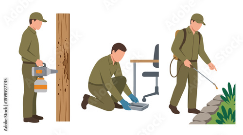 Professional pest control exterminator team working in various environments.