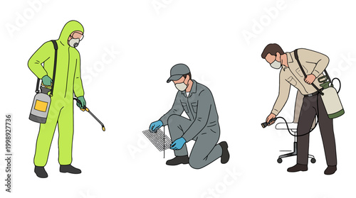 Professional Pest Control Workers in Protective Gear Performing Sanitation and Inspection.