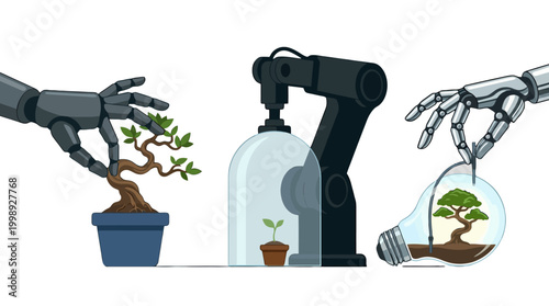 Robotic arms interacting with nature and small plants in a digital environment.