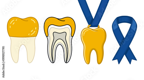 Set of dental illustrations including a crowned tooth and a blue awareness ribbon.