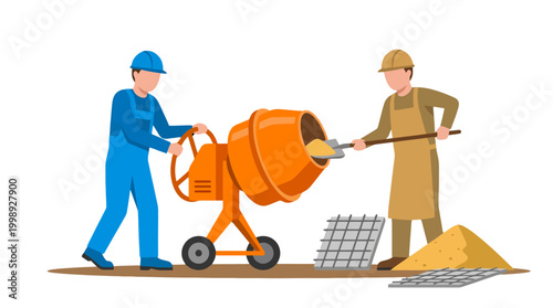 Two construction workers using a concrete mixer to prepare building materials.