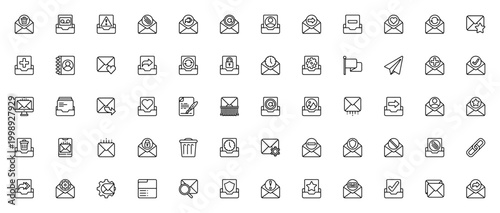 Email Actions icon set. Vector icons pack for email, message, flag, folder, link, delete, contract and agenda. Minimal linear editable stroke.
