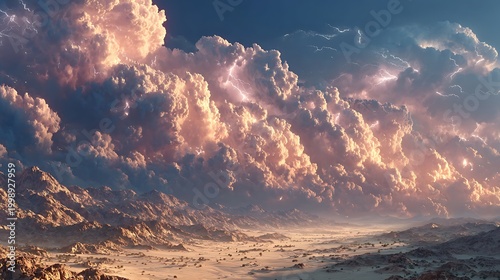 Desert valley filled with luminous particles and dramatic lightning arcs striking across dark storm sky illustrator