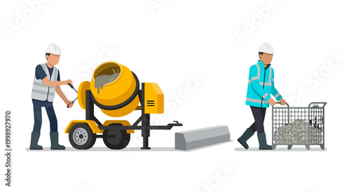 Construction workers operating a yellow concrete mixer and moving a cart with bricks.
