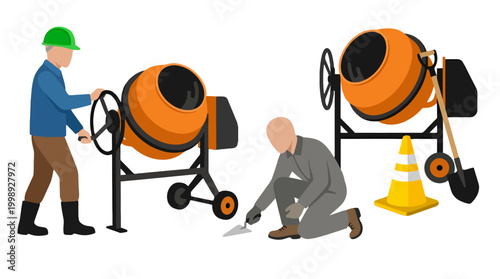 Construction workers operating concrete mixers and laying cement on site.