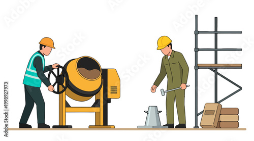 Construction workers operating concrete mixer and testing slump on building site.