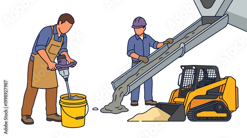 Construction workers preparing materials with equipment at a job site.