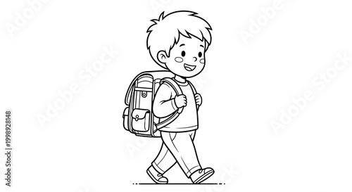 Boy walking with big school backpack.