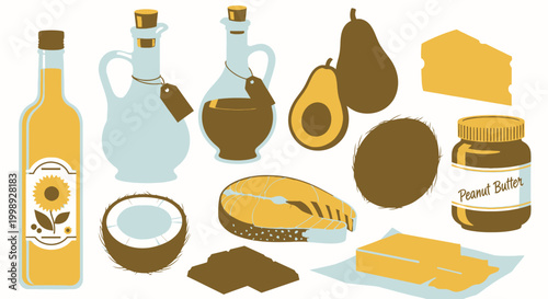 Set of Healthy Fats and Oils Icons.
