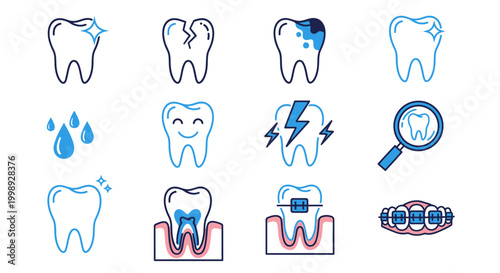 Set of various dental care and oral hygiene icons.