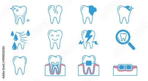 Set of dental care icons and tooth health illustrations.