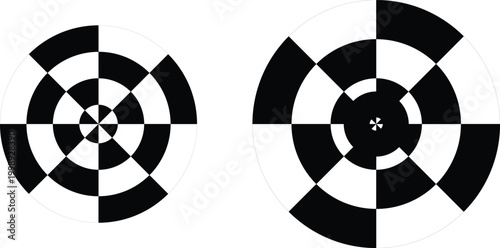 Abstract black and white radial circle patterns with segmented geometric rotation effect. Optical illusion inspired swirl designs with bold contrast. Modern vector set for motion, technology, and 