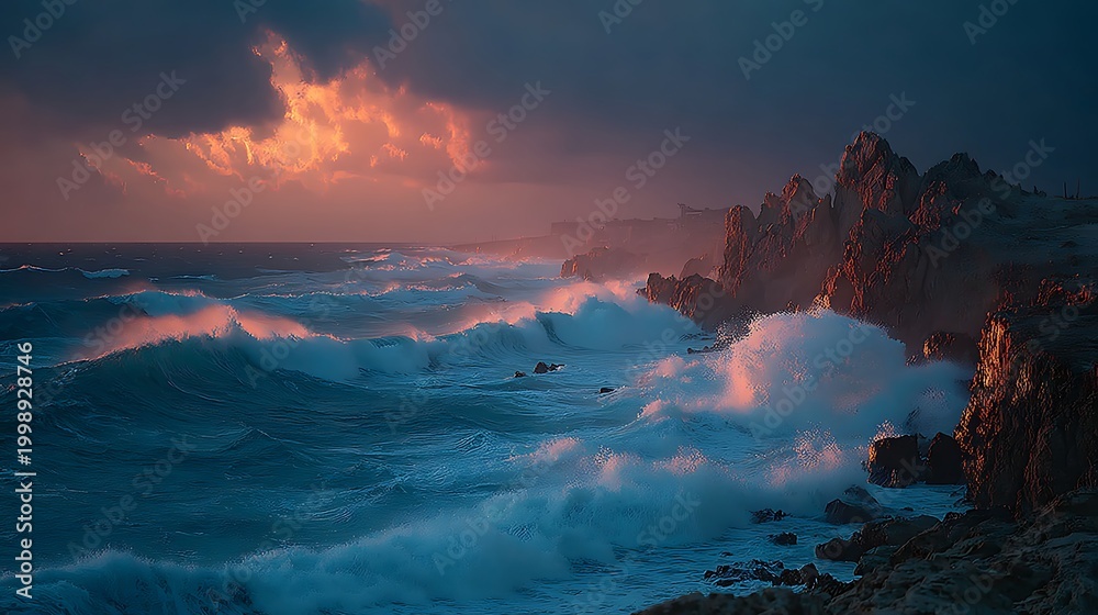 Fototapeta premium Dramatic powerful ocean waves crashing against rugged dark volcanic cliffs images