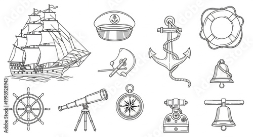 Nautical collection of vintage sailing ship and maritime equipment illustrations.