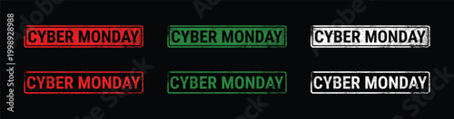 Cyber Monday grunge rubber stamp set red green white discount label on black background