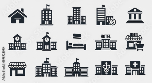 Collection of various building icons representing different institutions and services.