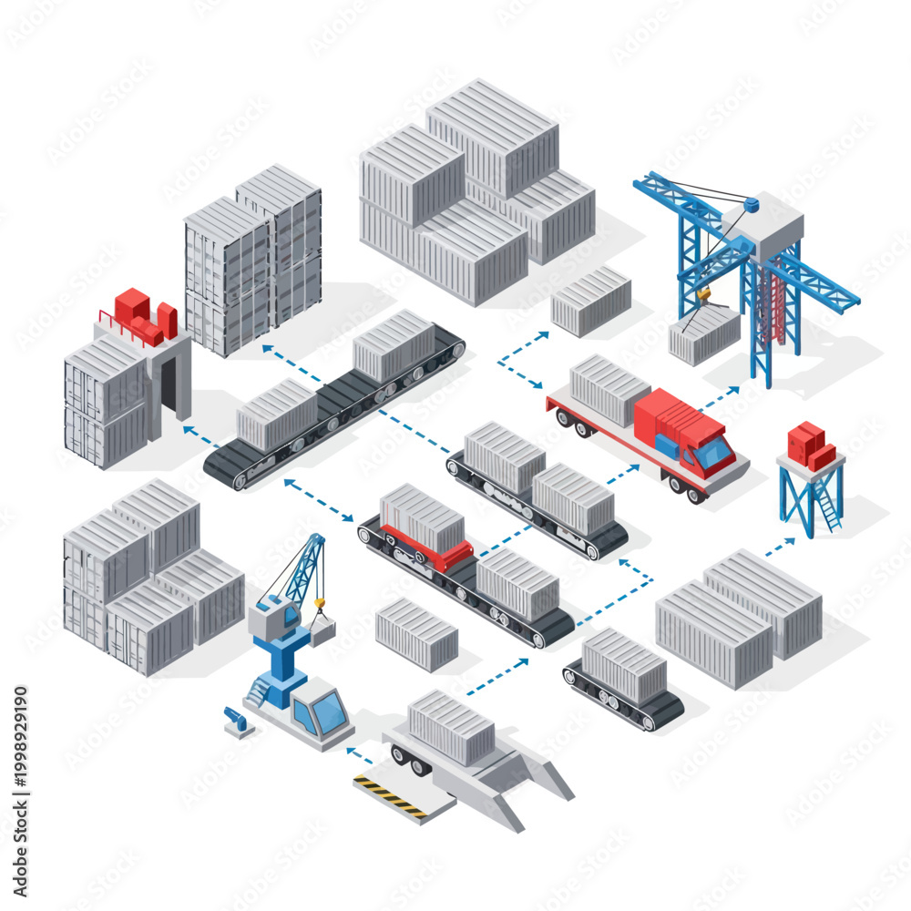 Obraz premium Isometric View of Cargo Transportation and Logistics Network.