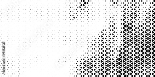 Fading triangle halftone texture gradient pattern. Abstract diagonal geometric background. Tech mosaic triangular halfton gradation. Vector vanishing corner arrow wallpaper for banner, booklet, poster
