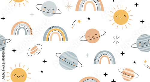 Dreamy space themed seamless pattern featuring cute planets with faces, bright suns, colorful rainbows, and stars.
