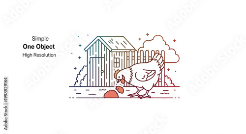 Chicken Eating Food Near Wooden Shed and Fence, Simple Line Art Illustration