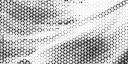 Fading triangle halftone texture gradient pattern. Abstract diagonal geometric background. Tech mosaic triangular halfton gradation. Vector vanishing corner arrow wallpaper for banner, booklet, poster