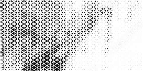 Fading triangle halftone texture gradient pattern. Abstract diagonal geometric background. Tech mosaic triangular halfton gradation. Vector vanishing corner arrow wallpaper for banner, booklet, poster