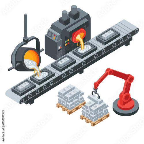 Isometric Metal Casting Process - Conveyor Belt, Molten Metal, Robotic Arm.