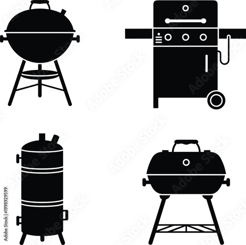 Barbecue Grill and BBQ Equipment Silhouette Icon Set, Vector Illustration