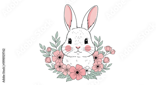 Cute white bunny with pink ears and cheeks peeks through a beautiful wreath of pink flowers and soft green leaves on a white background.