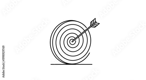 Minimalist black and white line drawing of an arrow hitting the exact center of a round target signifying success and accuracy.
