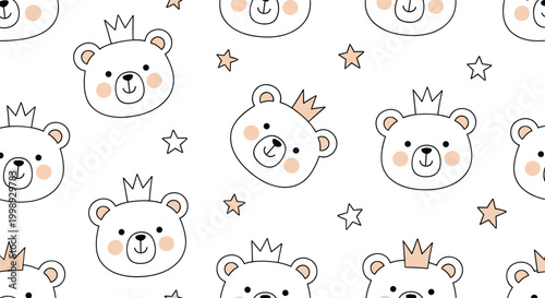Charming seamless pattern featuring cute white teddy bears wearing small crowns interspersed with tiny stars on a white background.