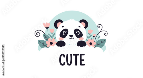 Cute panda bear peeking over a fluffy white cloud decorated with pink flowers and green leaves with the word cute below.