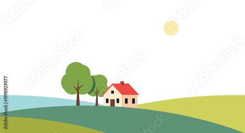 Peaceful country landscape features a small house with a red roof, two green trees, and rolling hills under a bright sun.