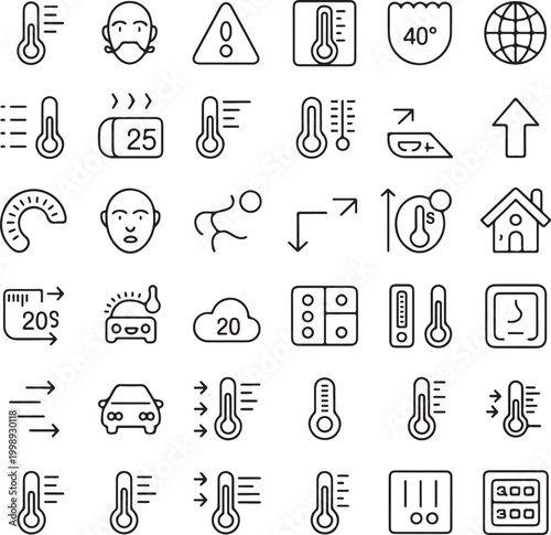 Temperature and Climate Control Line Icon Set - Thermometer, Weather, and Household Cooling Symbols.