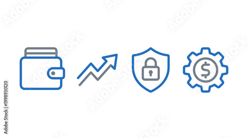 Financial icons showcase a wallet, growing graph, shield with lock, and gear with dollar sign.