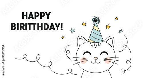 Happy birthday greeting card with cute white kitten wearing a party hat and colorful stars background illustration.