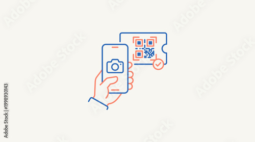 A hand holds a smartphone scanning a QR code on a ticket.