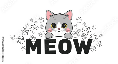 Cute gray kitten peaking over meow text with small paw prints in the background for pet lovers graphic design projects.