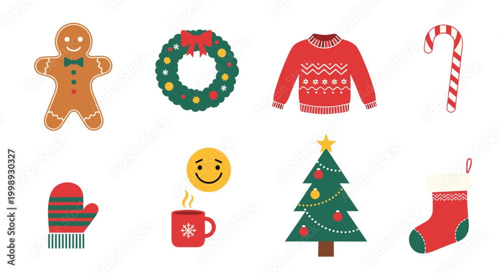 Fototapeta premium Collection of cute christmas holiday icons including gingerbread man wreath sweater and decorated xmas tree designs.