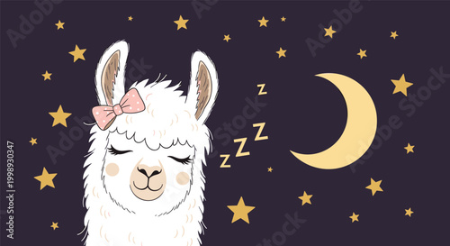 Adorable sleeping llama with pink bow surrounded by crescent moon and golden stars on dark purple background art.