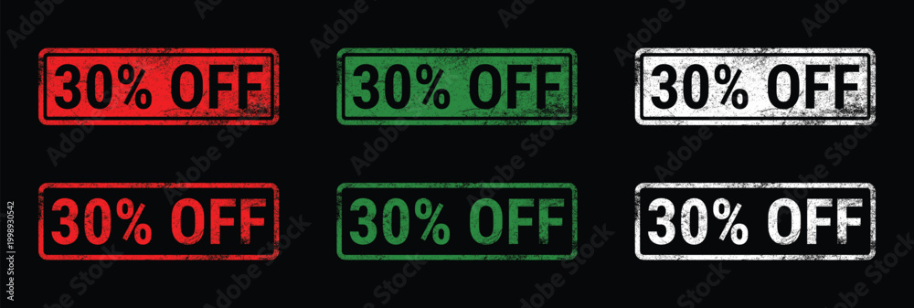Fototapeta premium sale discount stamp set grunge 30 percent off badge red green white vector collection