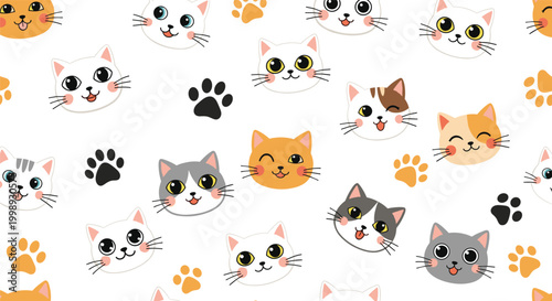 Colorful pattern featuring various cat faces and orange and black paw prints for pet supplies and animal lovers.