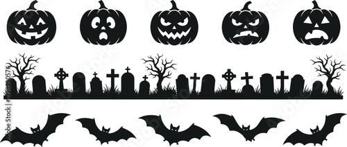 Black silhouettes of halloween icons including pumpkins, bats, graveyard and trees isolated on white background