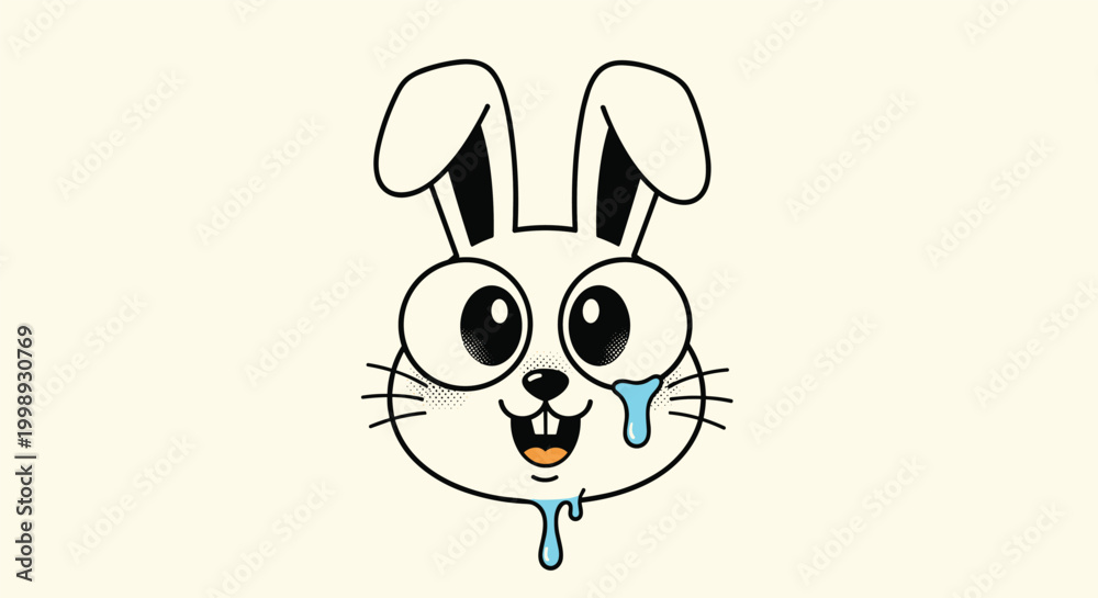 Fototapeta premium Cute cartoon white rabbit head with big expressive eyes and blue drool dripping from its mouth on a cream background.