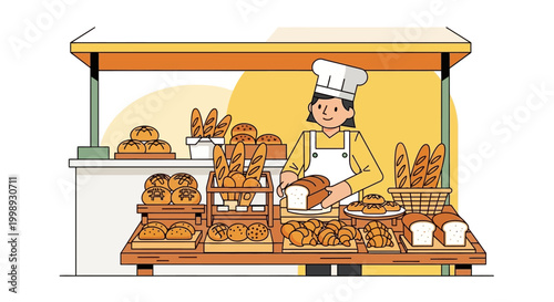 Baker woman in apron and chef hat slicing bread at market stall.