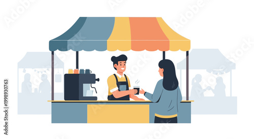 Barista Serving Coffee to Customer at Outdoor Stand.