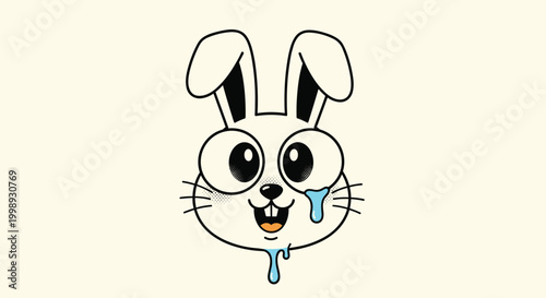 Cute cartoon white rabbit head with big expressive eyes and blue drool dripping from its mouth on a cream background.